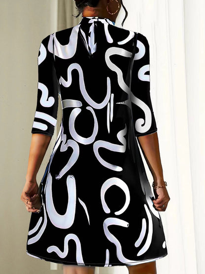 Knee-Length A-Line Dress with Abstract Black and White Print