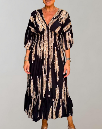 Elegant V-Neck Printed Maxi Dress