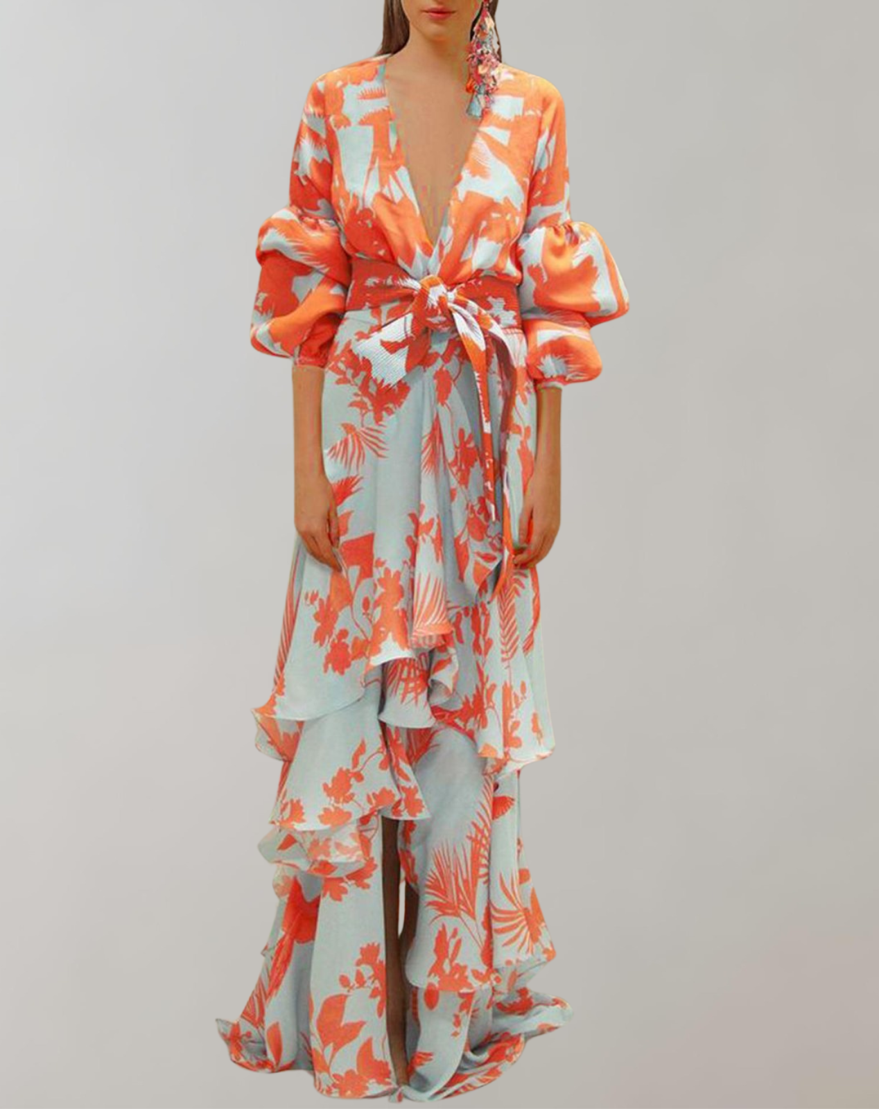 Elegant Printed Maxi Dress with Puff Sleeves