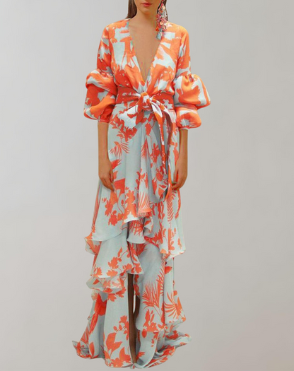 Elegant Printed Maxi Dress with Puff Sleeves
