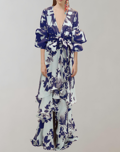 Elegant Printed Maxi Dress with Puff Sleeves