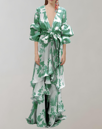 Elegant Printed Maxi Dress with Puff Sleeves