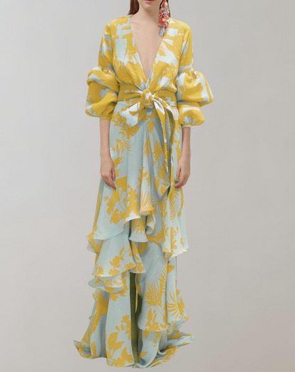 Elegant Printed Maxi Dress with Puff Sleeves