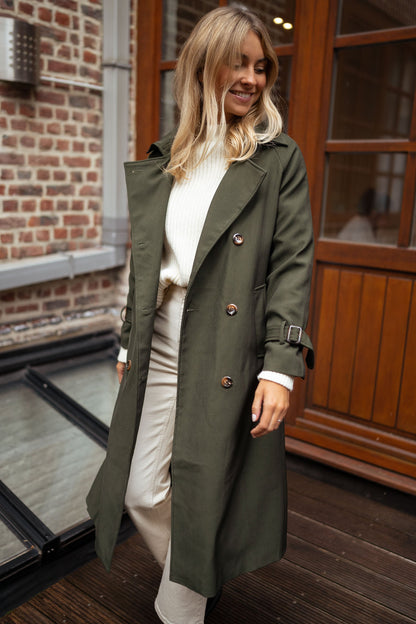 Olive Green Double-Breasted Trench Coat