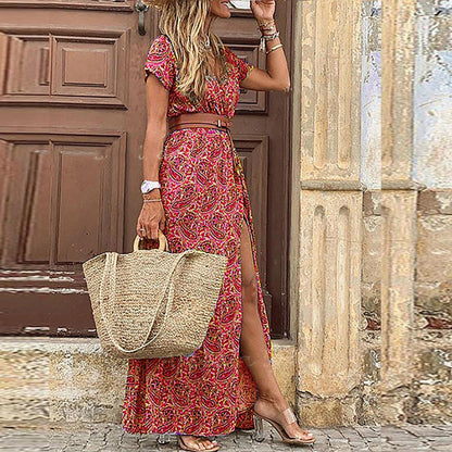 Elegant Boho Maxi Dress with Belt