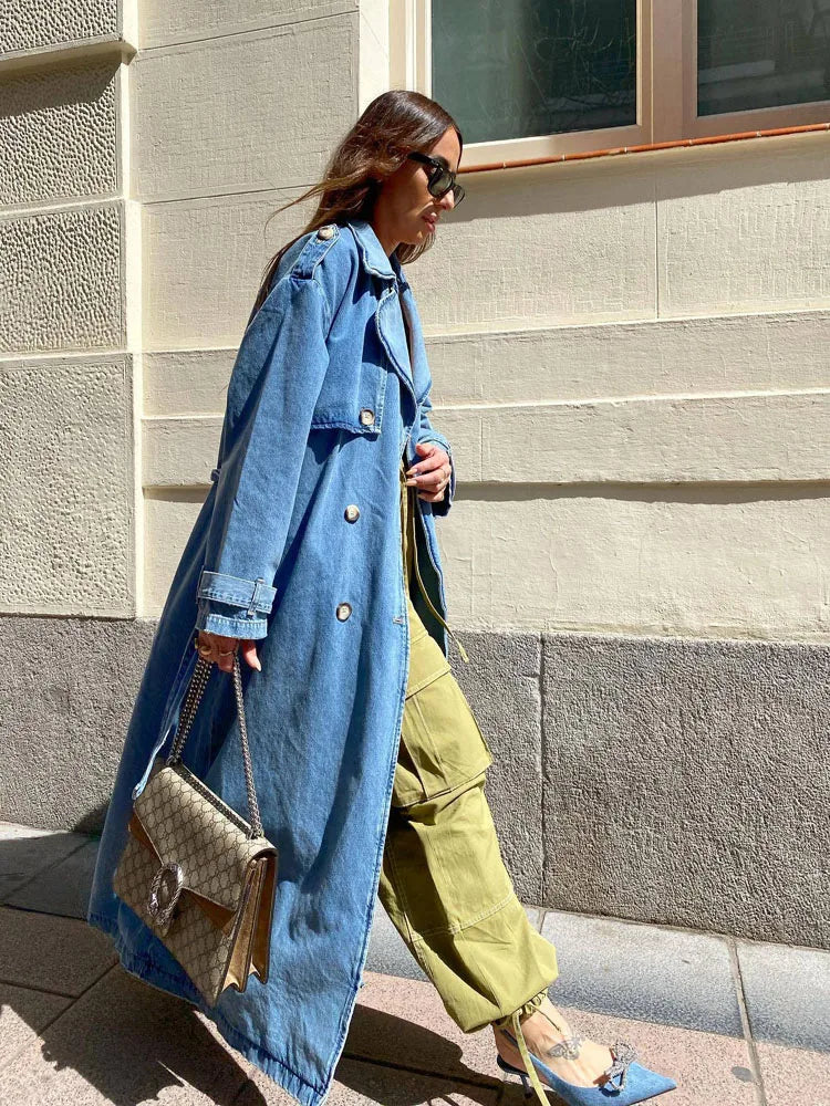Women's Oversized Double-Breasted Denim Trench Coat