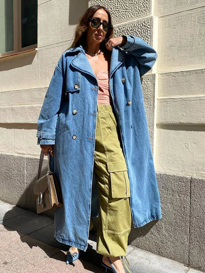 Women's Oversized Double-Breasted Denim Trench Coat