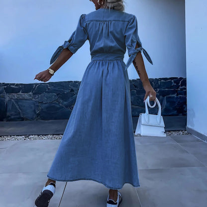 Chic Denim Maxi Dress with V-Neck