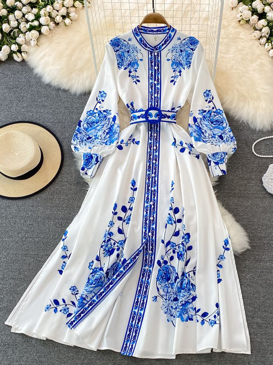 Chic Vintage Floral Lantern Sleeve Dress