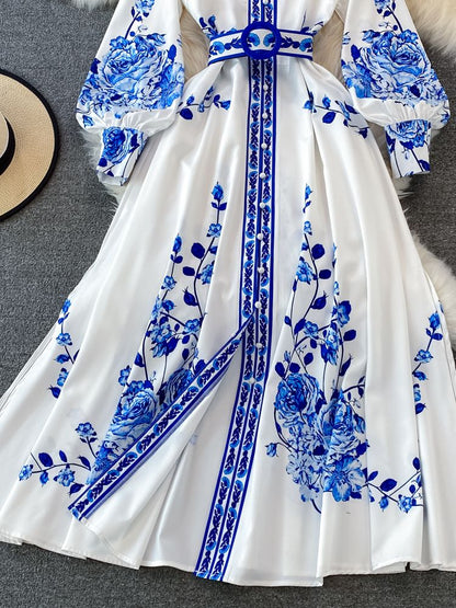 Chic Vintage Floral Lantern Sleeve Dress