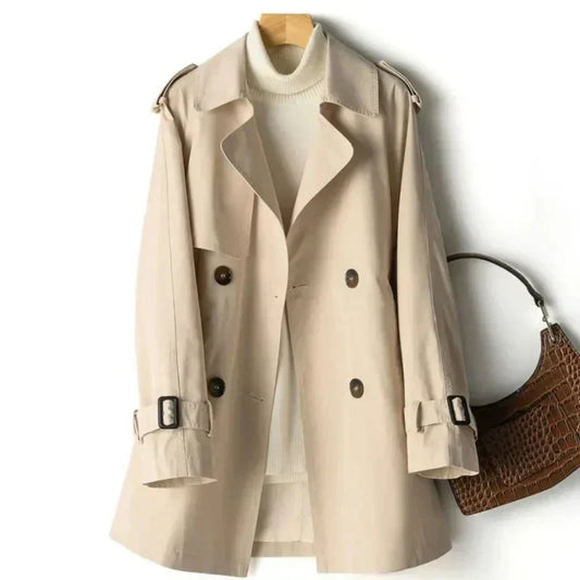 Women's Short Double Breasted Trench Coat with Belt and Epaulettes