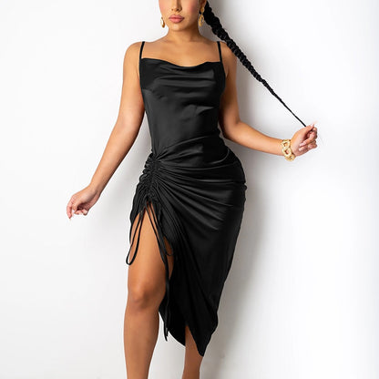 Elegant Long Satin Ruffle Dress