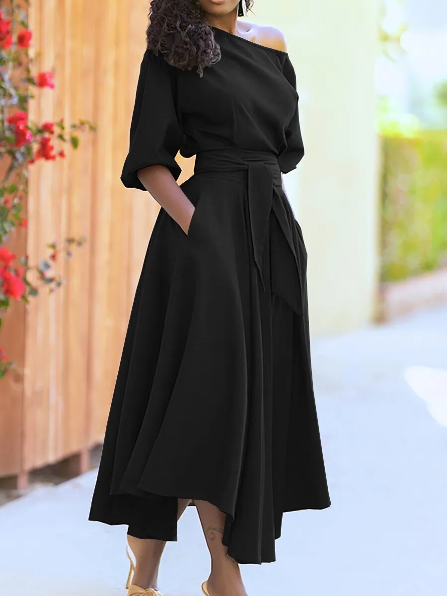 Elegant Off-the-Shoulder Lantern Sleeve Dress