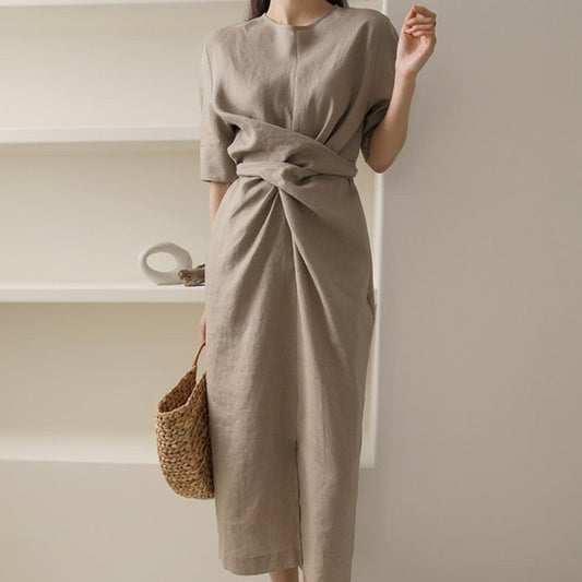 Elegant Khaki Maxi Dress - V-Neck Comfort