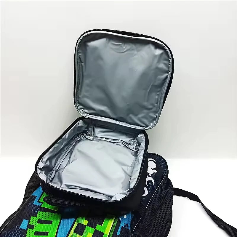 Kids' Backpack and Lunch Bag Set with Cartoon Pixel Design