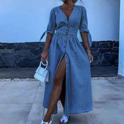 Chic Denim Maxi Dress with V-Neck