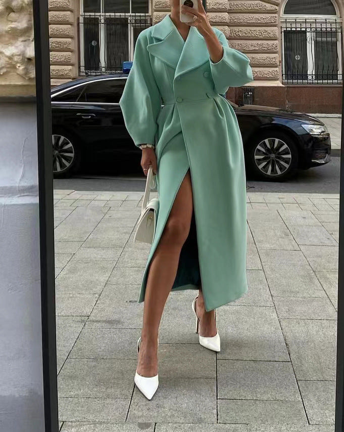 Women's Long Wrap Coat with Double-Breasted Front