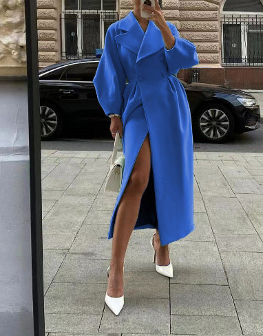 Women's Long Wrap Coat with Double-Breasted Front