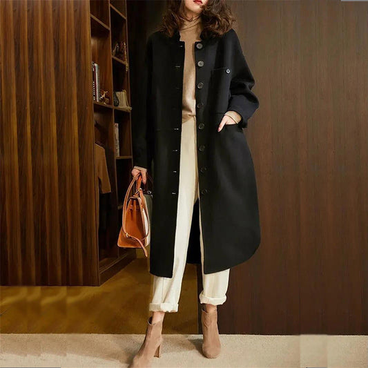 Women's Long A-Line Winter Coat with Button Closure