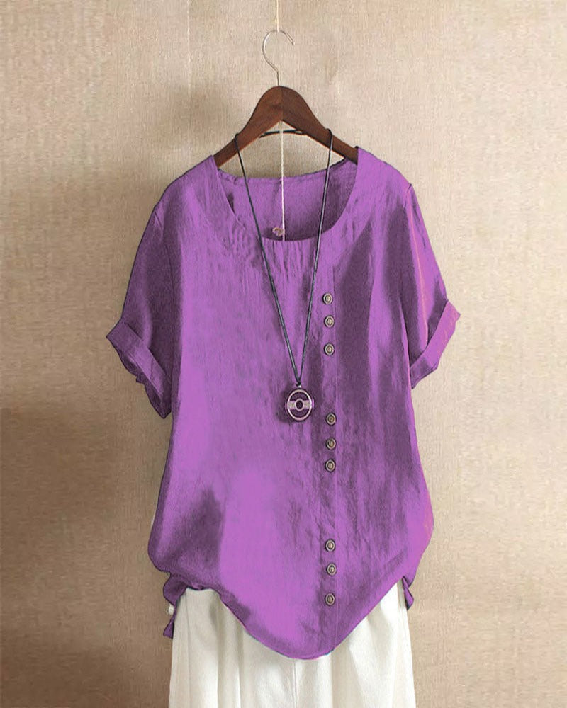 Short Sleeve Cotton Blouse with Button Detail