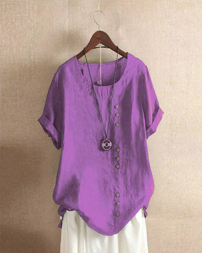 Short Sleeve Cotton Blouse with Button Detail