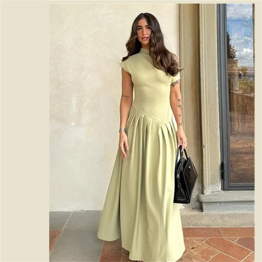 Elegant High-Waist Pleated Summer Dress