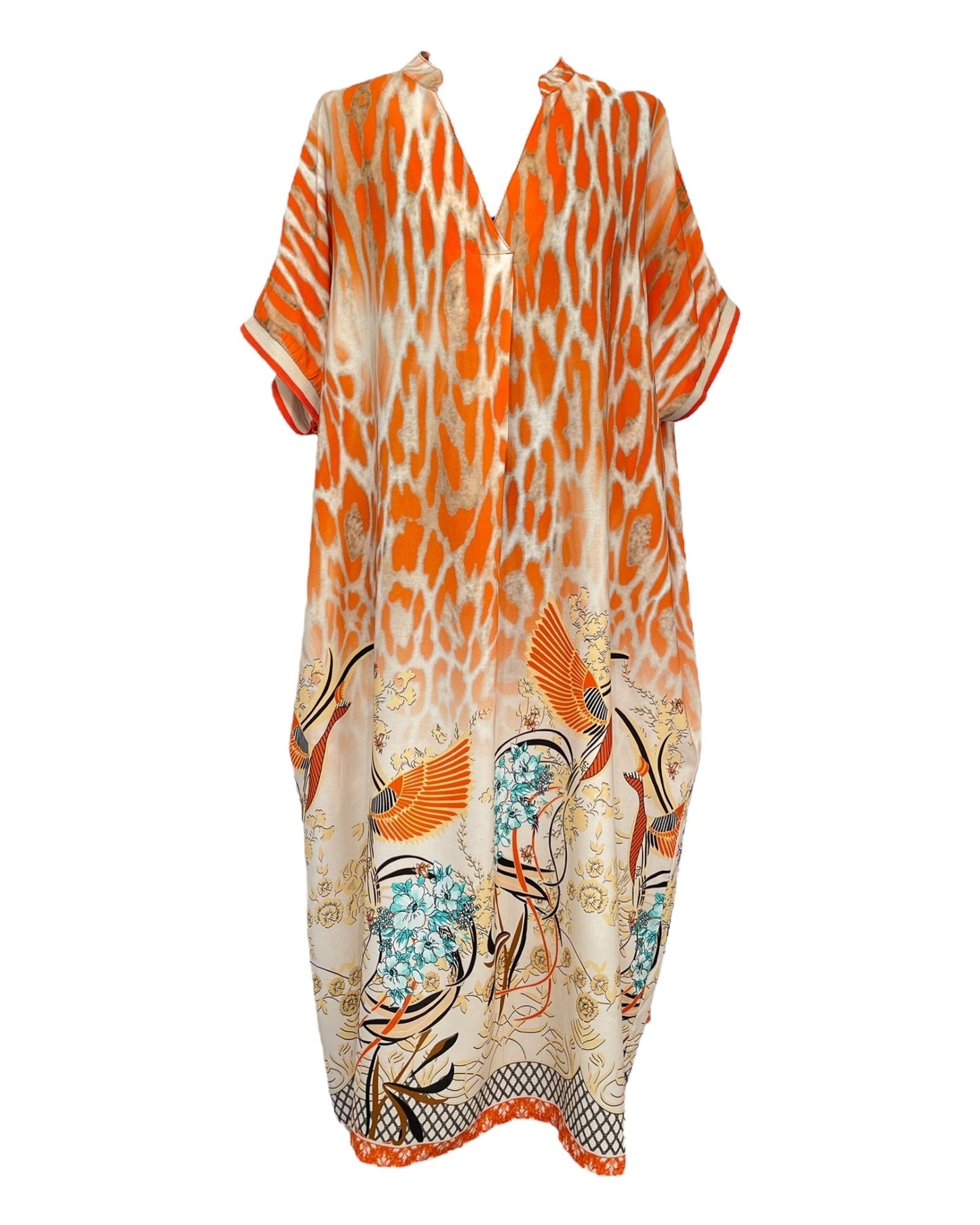 Elegant V-Neck Asian Print Maxi Dress
