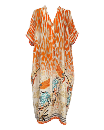 Elegant V-Neck Asian Print Maxi Dress