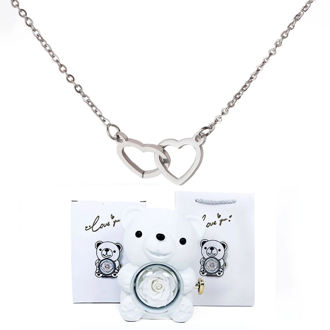Double Heart Necklace with Bear Gift Box
