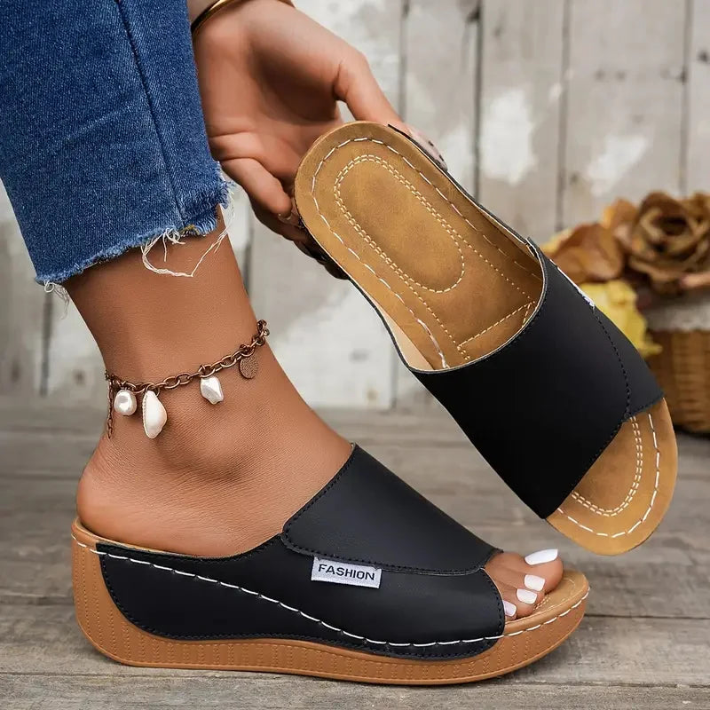 Wedge Sandals with Open Toe and Buckle Strap