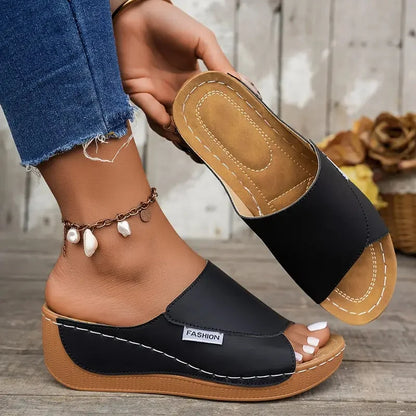 Wedge Sandals with Open Toe and Buckle Strap