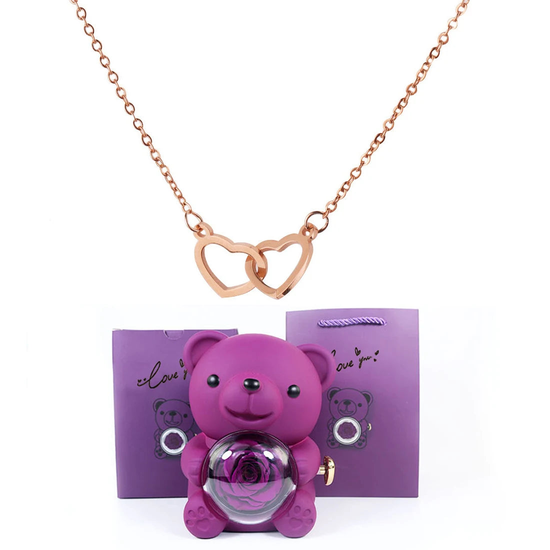 Double Heart Necklace with Bear Gift Box