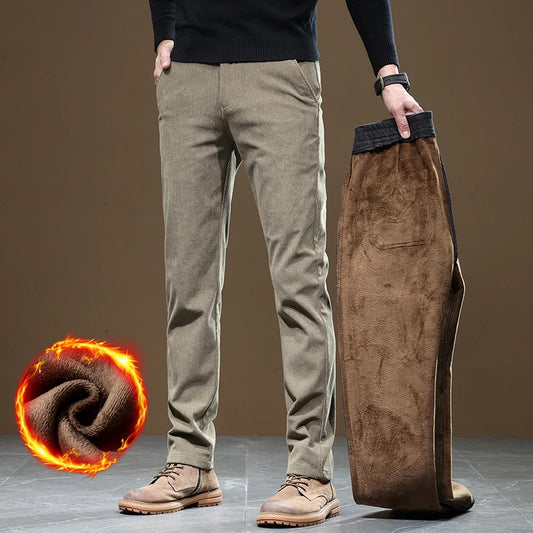 Winter Fleece Lined Slim Fit Corduroy Pants for Men