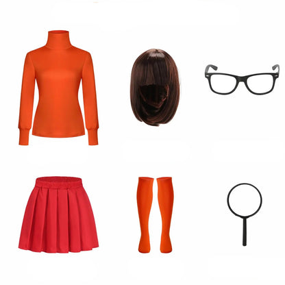 Halloween Velma Costume Set with Wig and Accessories