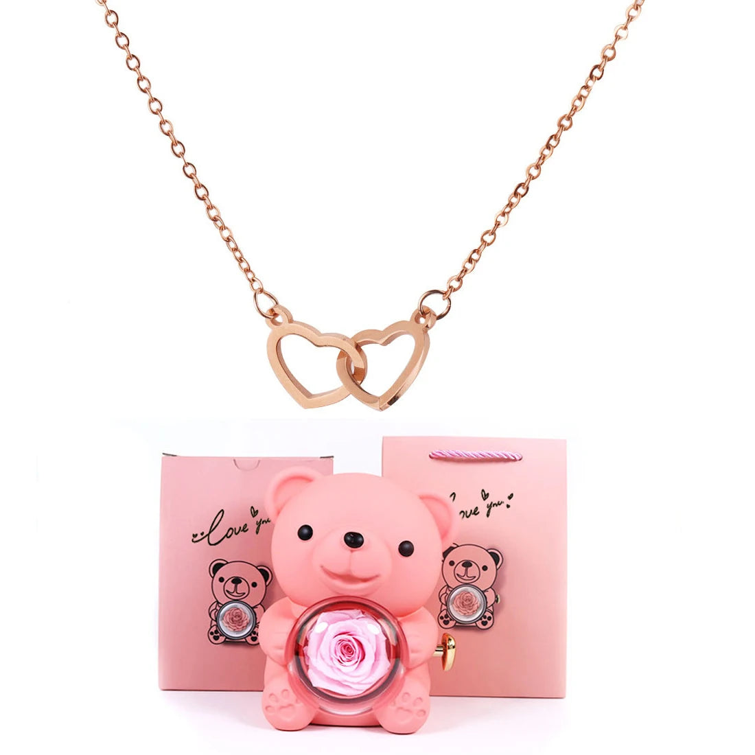 Double Heart Necklace with Bear Gift Box