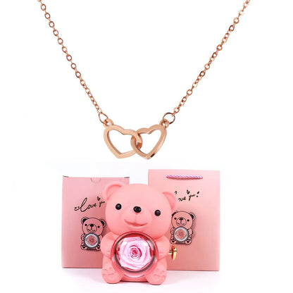 Double Heart Necklace with Bear Gift Box