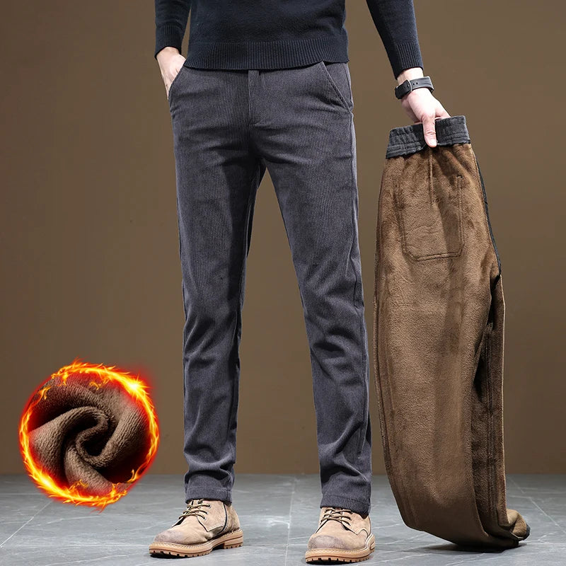 Winter Fleece Lined Slim Fit Corduroy Pants for Men