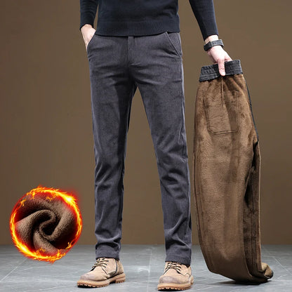 Winter Fleece Lined Slim Fit Corduroy Pants for Men