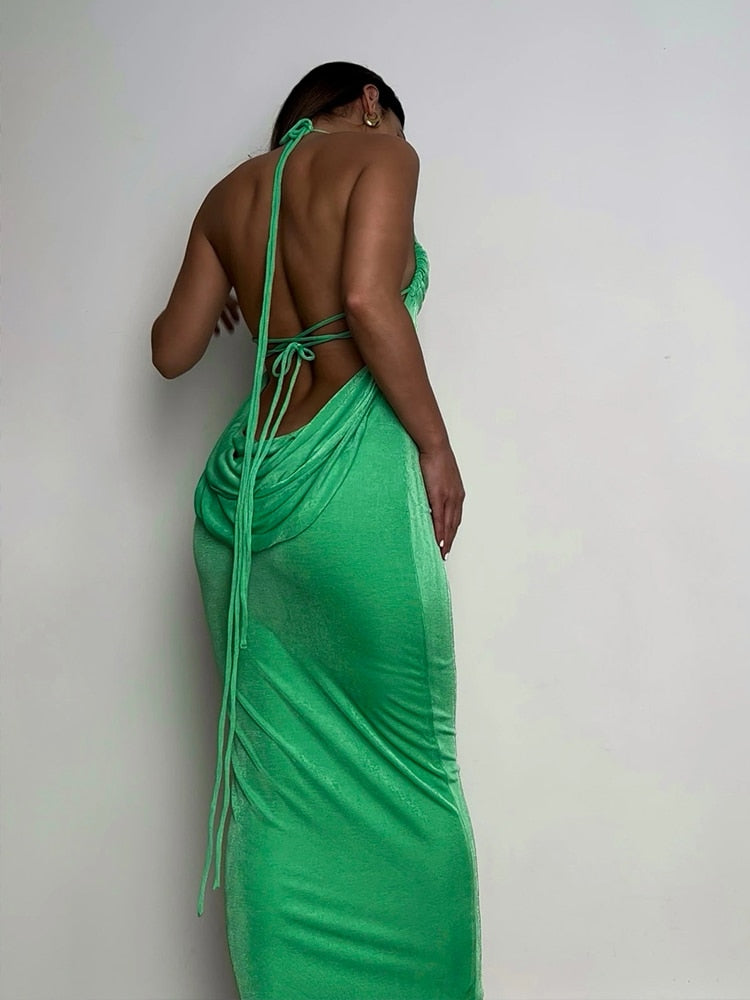 Elegant Backless Green Maxi Dress for Women