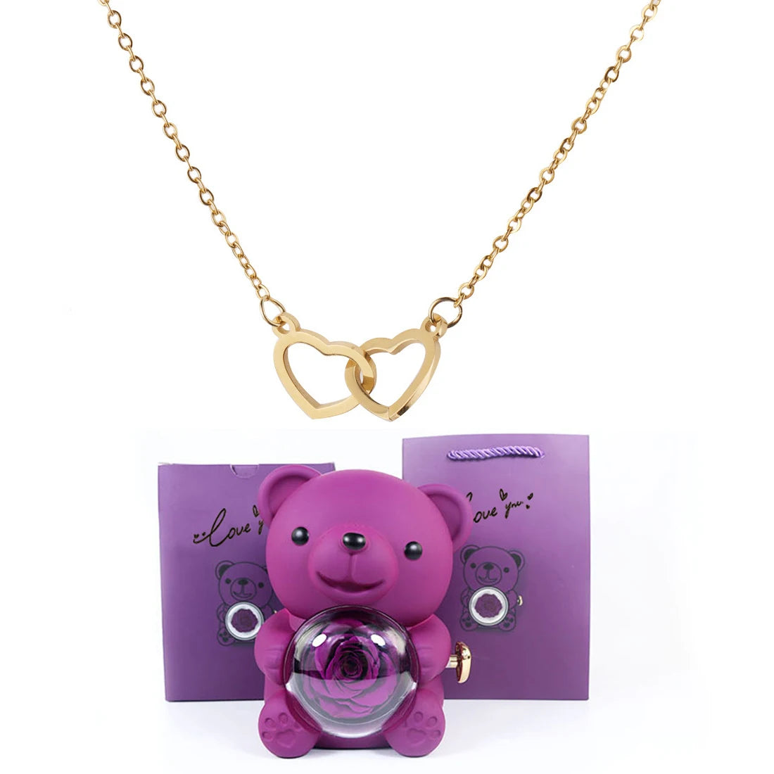 Double Heart Necklace with Bear Gift Box