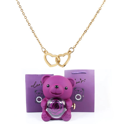 Double Heart Necklace with Bear Gift Box