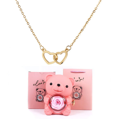 Double Heart Necklace with Bear Gift Box