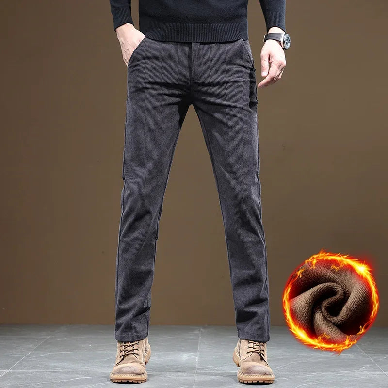 Winter Fleece Lined Slim Fit Corduroy Pants for Men