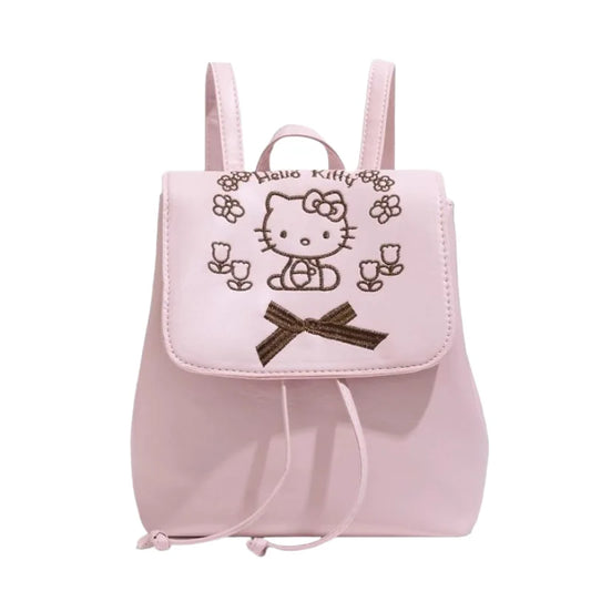 Small Pink Backpack with Embroidered Design and Drawstring Closure