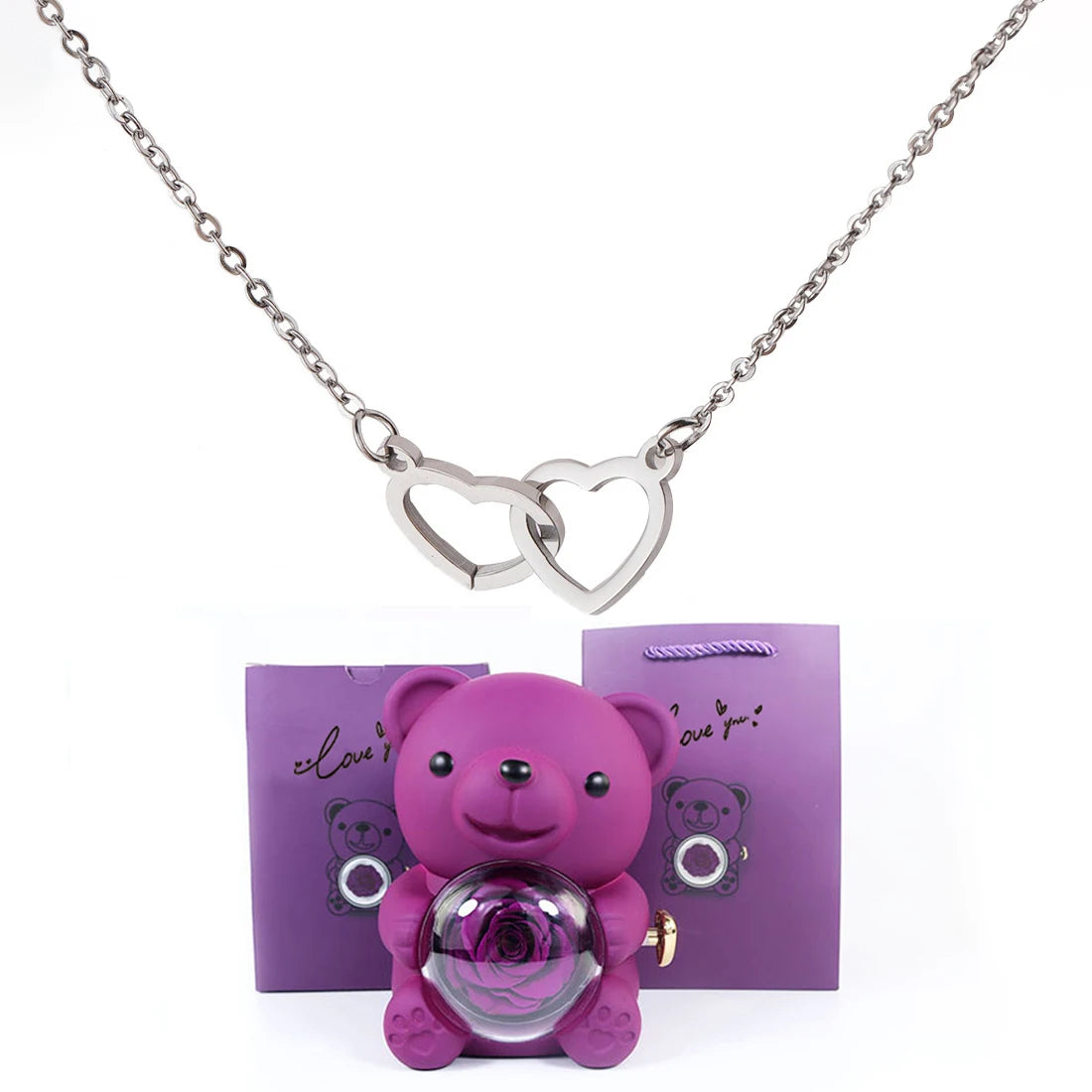 Double Heart Necklace with Bear Gift Box