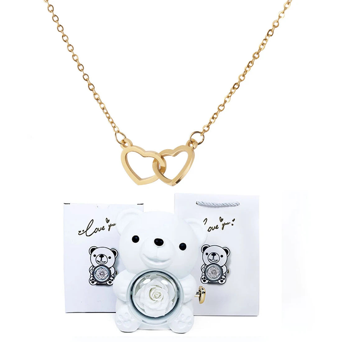 Double Heart Necklace with Bear Gift Box
