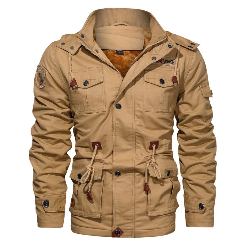 Men's Hooded Military-Style Jacket with Multi-Pocket Design