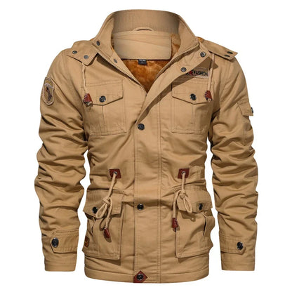 Men's Hooded Military-Style Jacket with Multi-Pocket Design