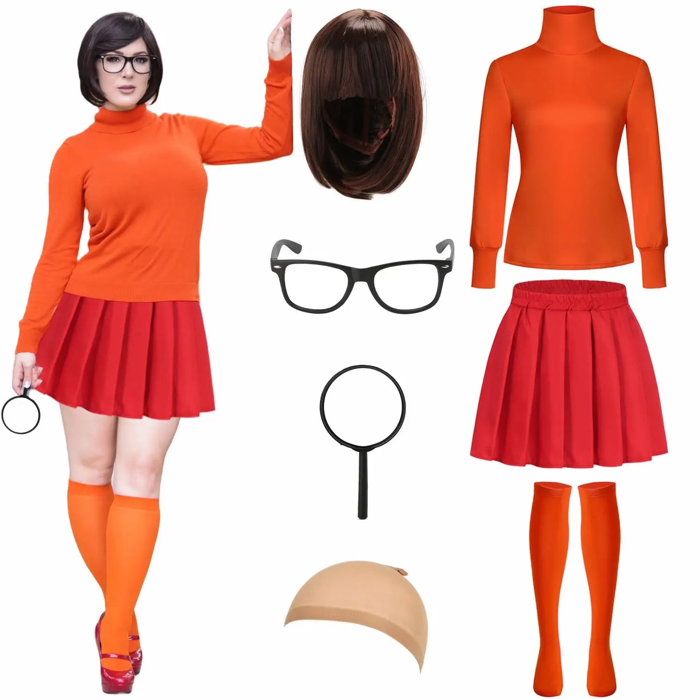 Halloween Velma Costume Set with Wig and Accessories