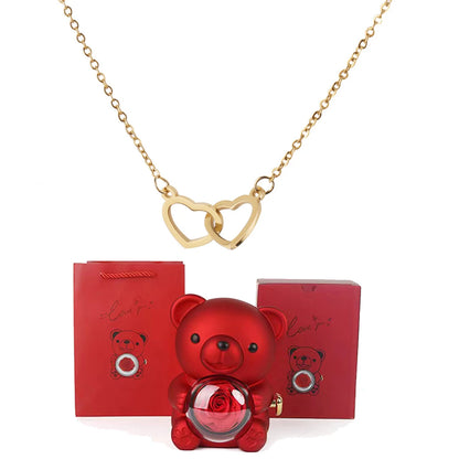 Double Heart Necklace with Bear Gift Box